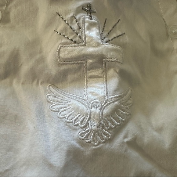 White Textured Baptism Jumpsuit with Short Sleeves - Picture 3 of 5